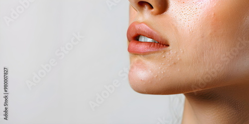 Close-up of a girl's face in a profle with red pimples on her skin. Acne therapy, inflammation on the face and problem skin. Facial care, skin care routine and hygiene. Rosacea and couperose. Cosmetic photo