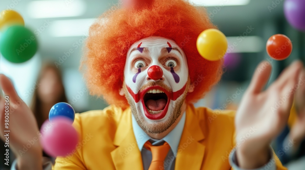 Εκτύπωση καμβά A clown with a red nose and orange hair is juggling balls, AI