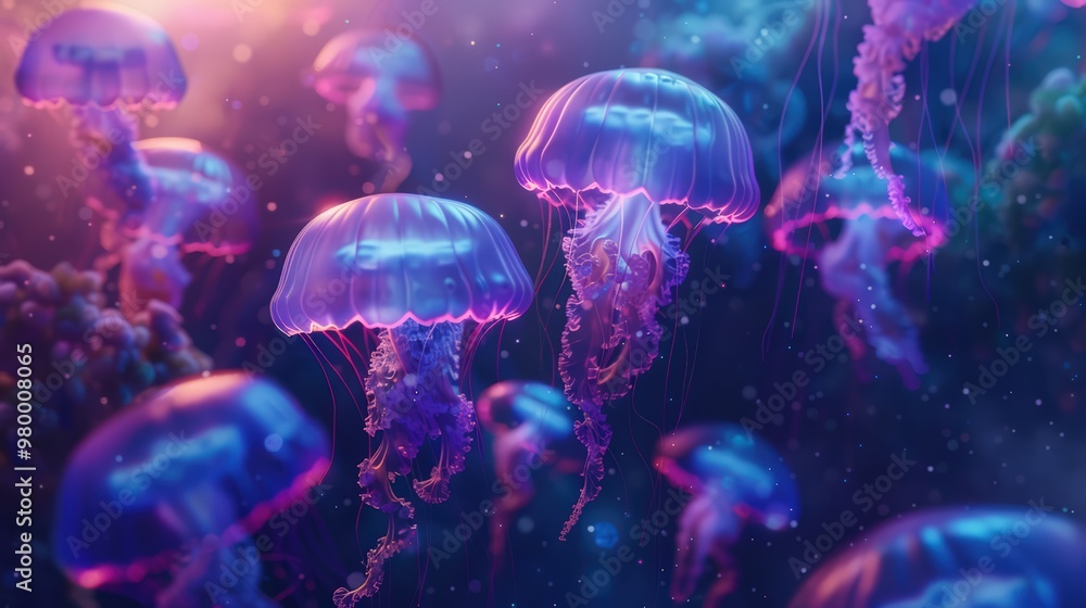 Jellyfish swimming underwater. Close-up shot with bokeh effect. Jellyfish swimming underwater. Close-up shot with bokeh effect.