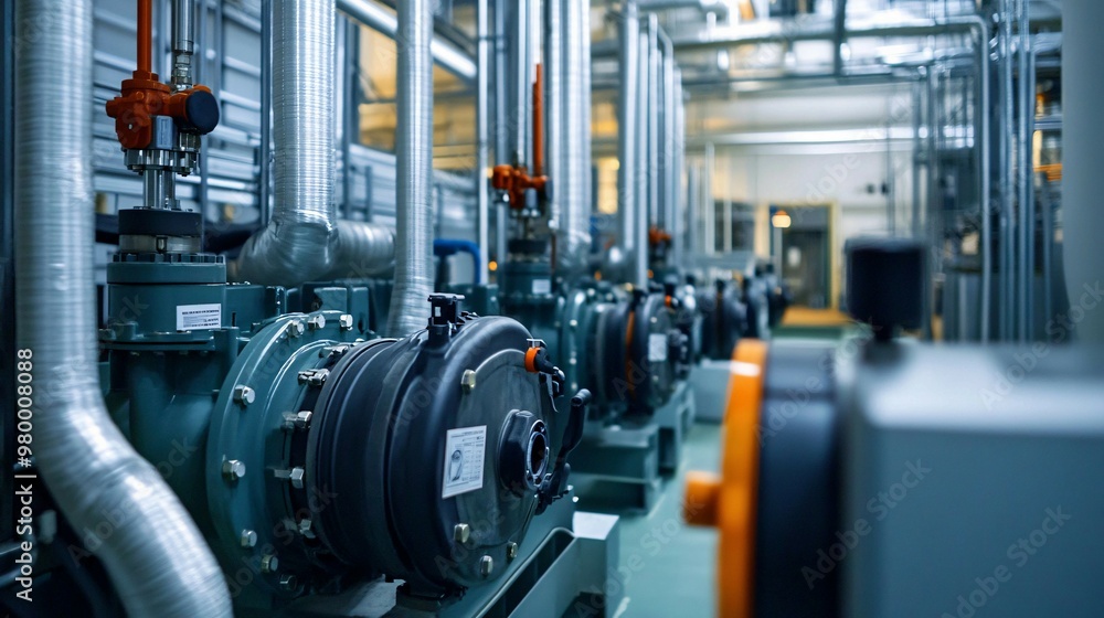 Closeup of Industrial Pumps and Piping in a Modern Facility Closeup of Industrial Pumps and Piping in a Modern Facility