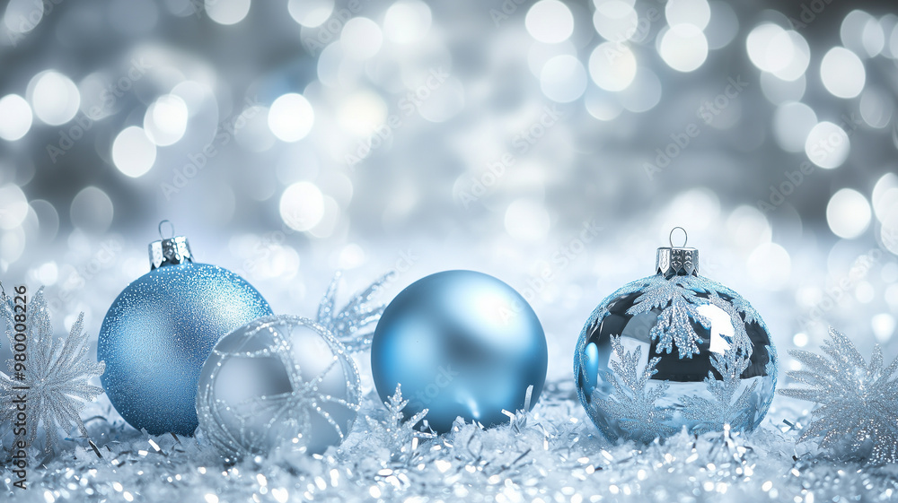 Silver background with blue Christmas ornaments and snowflakes, creating an elegant festive atmosphere. Sparkling lights for visual appeal. Perfect wallpaper or Christmas banner for holiday promotion. Silver background with blue Christmas ornaments and snowflakes, creating an elegant festive atmosphere. Sparkling lights for visual appeal. Perfect wallpaper or Christmas banner for holiday promotion.