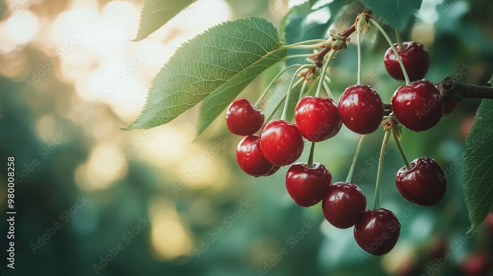 Obraz premium focused depiction of numerous cherries dangling from a tree, framed against a backdrop of lush green foliage and filtered sunlight streaming through the leaves