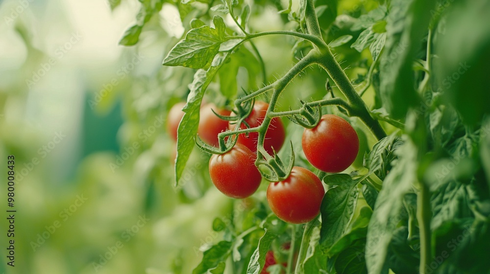 ripe red tomatoes growing on a lush green plant against a soft blurred sky ripe red tomatoes growing on a lush green plant against a soft blurred sky