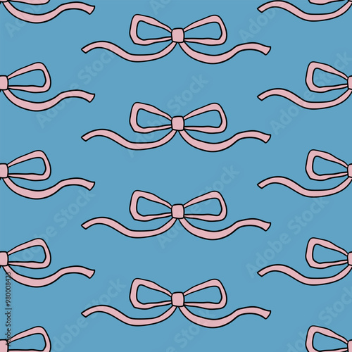 Cute seamless pattern with pink bows. Vector background with ribbons in retro style. Coquette and ballet core aesthetic