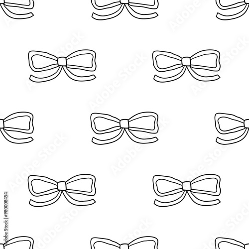 Seamless pattern with linear bows. Vector outline background with ribbons in retro style. Coquette and ballet core