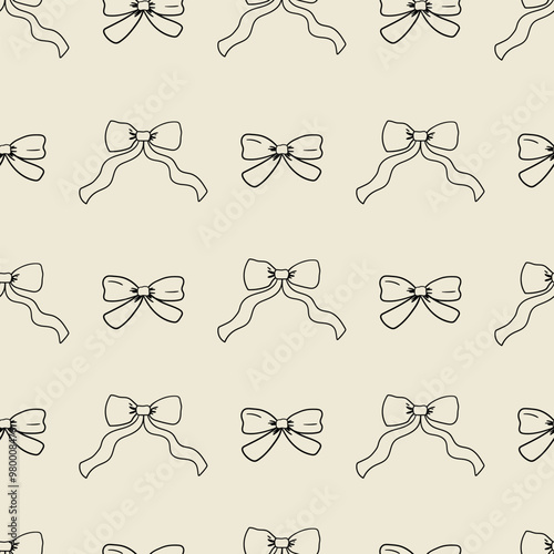 Seamless pattern with bows in sketch style. Vector outline background with hand drawn ribbons in retro style. Coquette and ballet core