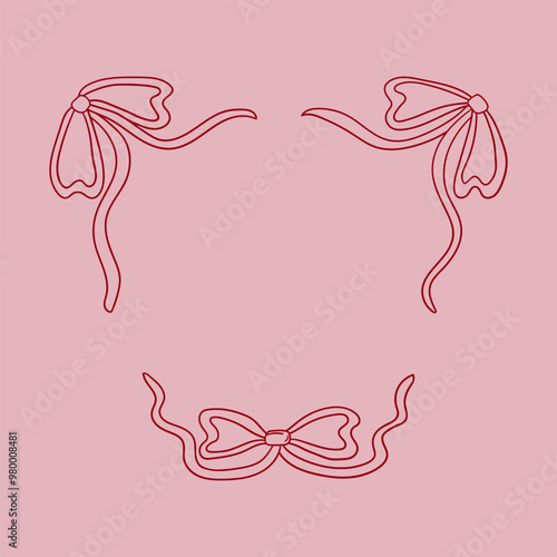 Frame with outline ribbons. Vector illustration of linear bows. Template for holiday greeting cards, valentines day, wedding. Coquette core aesthetic