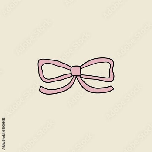 Vector illustration of pink bow. Coquette and ballet core aesthetic. Hand drawn outline ribbon clipart for birthday, wedding, holidays, valentines day, etc.