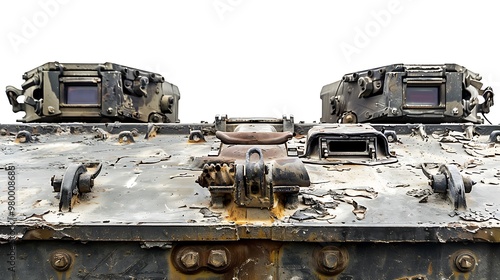 A close-up of a tanka??s drivera??s hatch with visible hinges and locks, isolated on a white background. photo