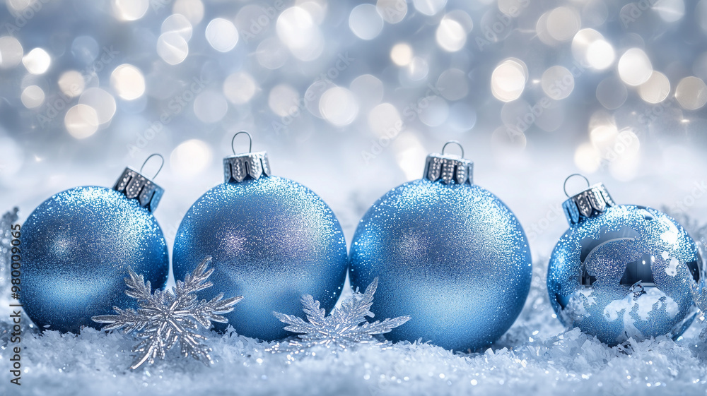 Silver background with blue Christmas ornaments and snowflakes, creating an elegant festive atmosphere. Sparkling lights for visual appeal. Perfect wallpaper or Christmas banner for holiday promotion. Silver background with blue Christmas ornaments and snowflakes, creating an elegant festive atmosphere. Sparkling lights for visual appeal. Perfect wallpaper or Christmas banner for holiday promotion.