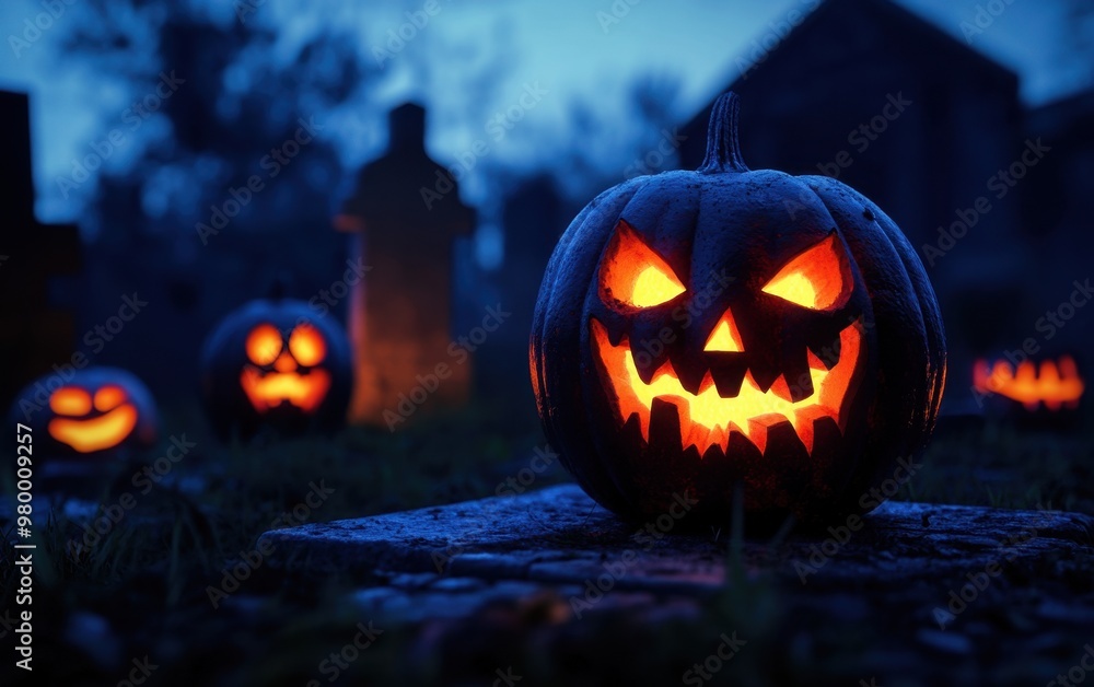 Halloween pumpkins with glowing faces in front of an eerie graveyard at night Generative AI