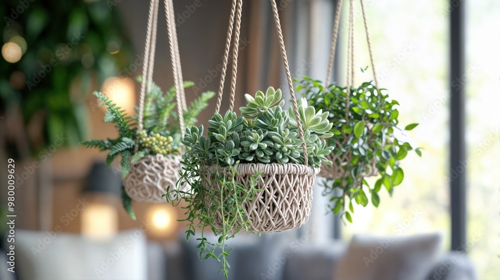 Hanging Macrame Plant Holders with Succulents in Cozy Scandinavian Interior