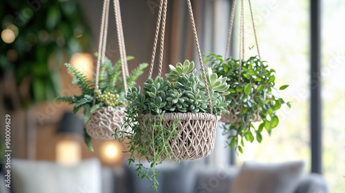 Obraz na płótnie Hanging Macrame Plant Holders with Succulents in Cozy Scandinavian Interior w salonie