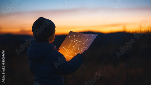 A child holding a star chart while stargazing in a dark field trying to identify constellations.