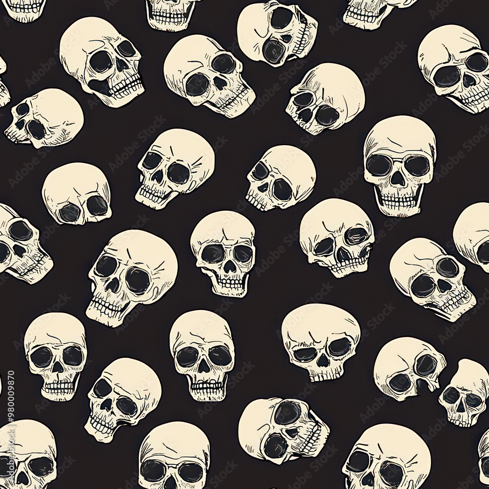 Design of a pattern of skulls on a black background. Design of a pattern of skulls on a black background.