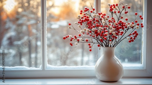 Festive Winter Decor with Snowy Pine Branches and Red Berries at Sunset Image photo