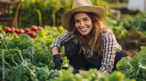 Smiling Woman Farming on Picturesque Vegetable Farm