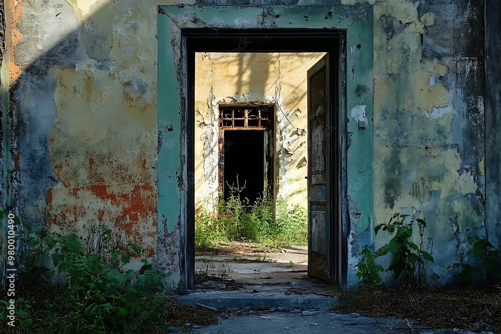 Overgrown Abandoned Building with Open Doorway and Sunlight Streaming Through Overgrown Abandoned Building with Open Doorway and Sunlight Streaming Through