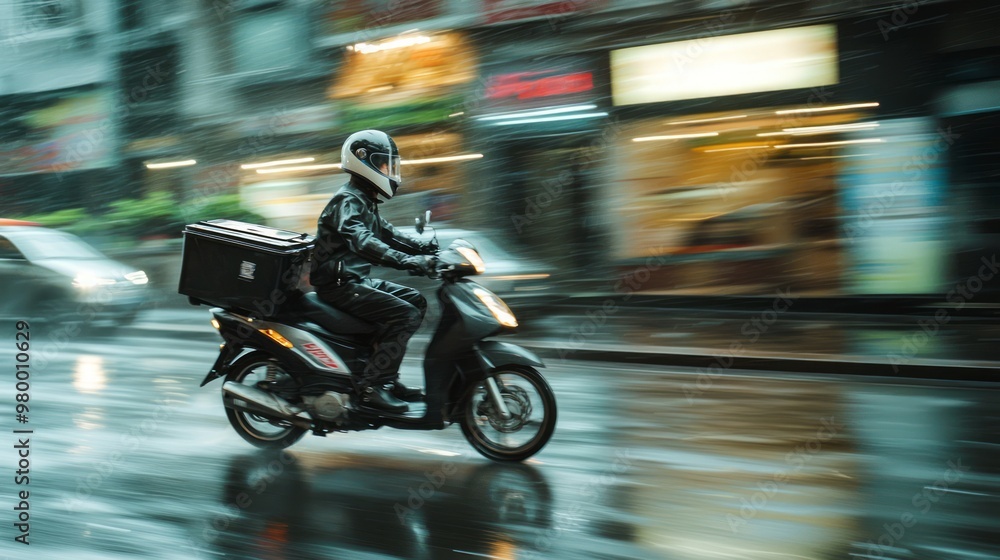 Fast Delivery Motorcycle in Rainy Motion Blur on City Street Fast Delivery Motorcycle in Rainy Motion Blur on City Street