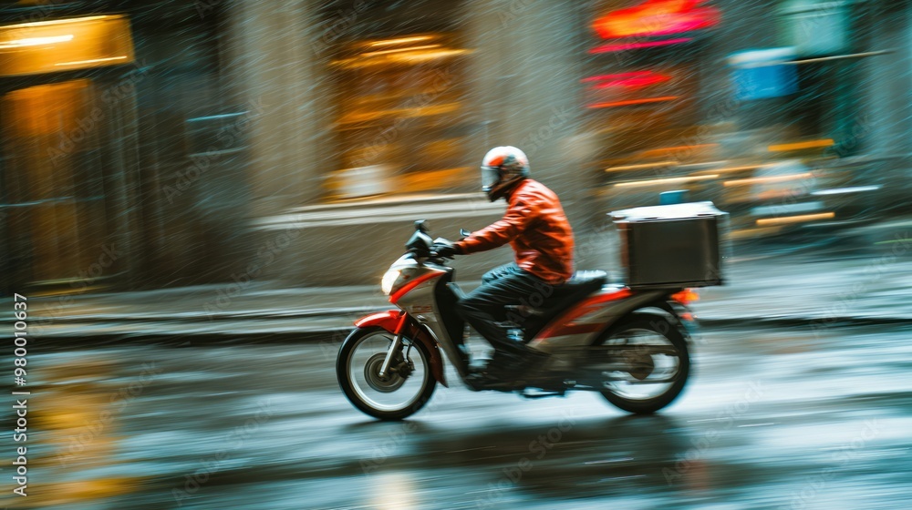 Rushing Delivery: Motorbike Speeding Through Rainy Street with Blurred Raindrops in Motion Rushing Delivery: Motorbike Speeding Through Rainy Street with Blurred Raindrops in Motion