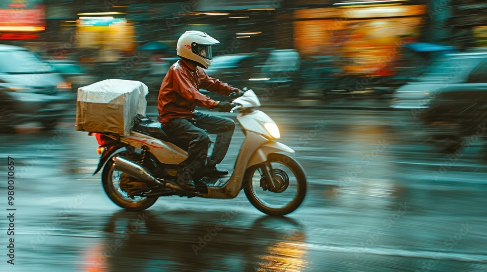 Blurred Raindrops: Speeding Delivery Motorcycle in Rainy Urban Street Blurred Raindrops: Speeding Delivery Motorcycle in Rainy Urban Street