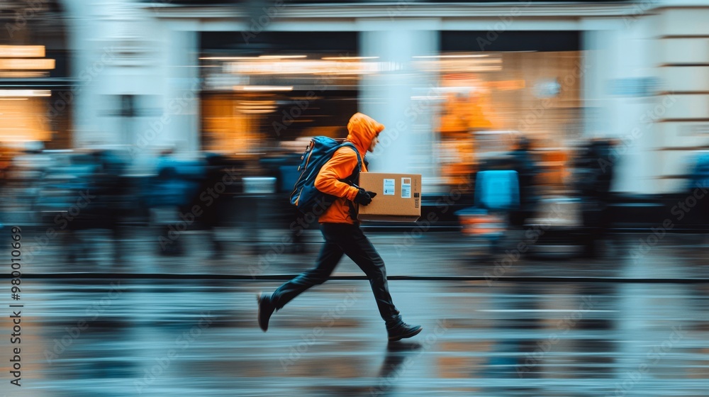 Speedy Delivery Person on Bicycle Blurring Past Cafe Patrons and Tables Speedy Delivery Person on Bicycle Blurring Past Cafe Patrons and Tables