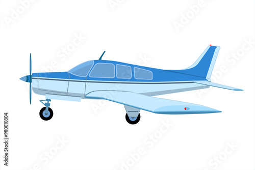 Propeller light aircraft. Single engine propelled aircraft. Airplane side view sketch. Plane in cartoon design. Passenger plane flying in the sky side view. Flat style illustration.