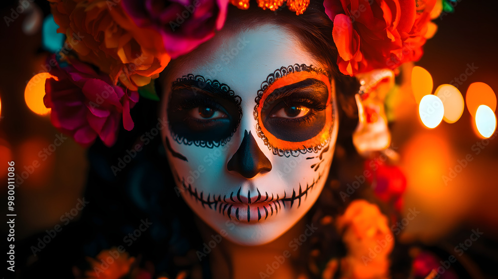 Vibrant close-up portrait of a woman wearing traditional Day of the Dead face paint and adorned with colorful flowers in her hair. Her skull makeup, dark eyes, and intense gaze are illuminated by the Vibrant close-up portrait of a woman wearing traditional Day of the Dead face paint and adorned with colorful flowers in her hair. Her skull makeup, dark eyes, and intense gaze are illuminated by the