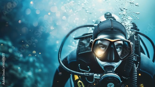 A man in a black wetsuit is underwater with his head above the surface