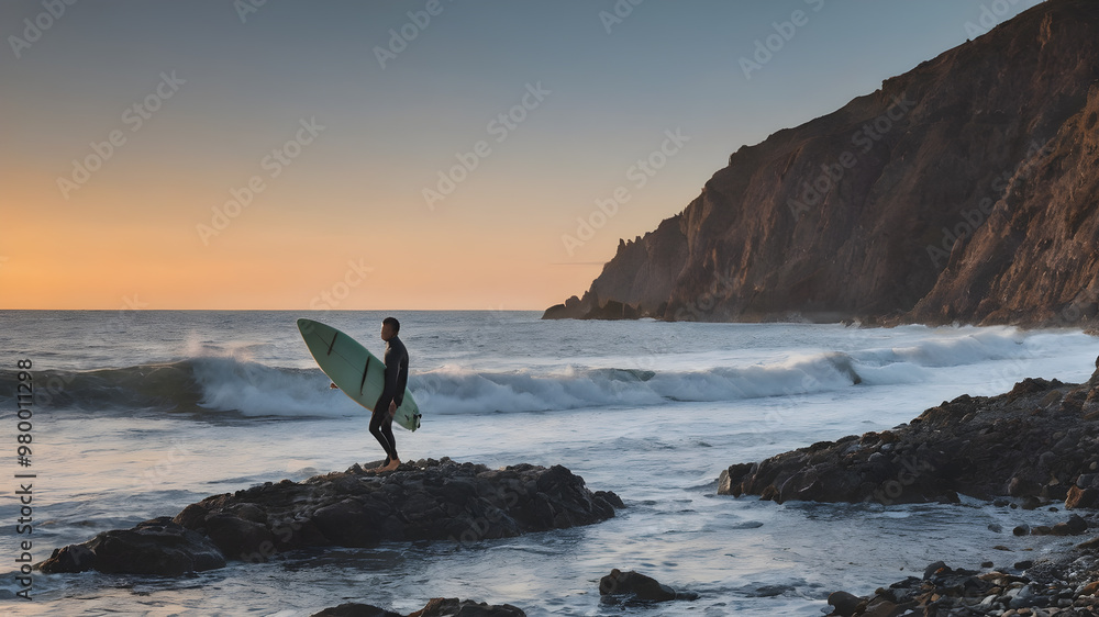Fototapeta premium Surfer walking with a surf board in his hand. AI generated image, ai