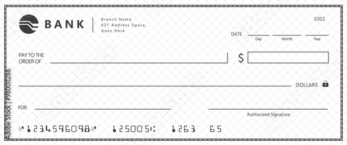 Bank check, vector blank money cheque, checkbook template with guilloche pattern and fields. Currency payment coupon, money check background