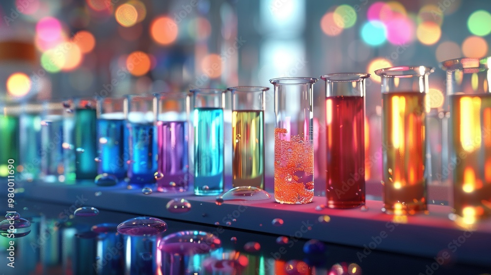 A row of Flasks holding liquid rests atop a counter beside a row of Bubbles A row of Flasks holding liquid rests atop a counter beside a row of Bubbles