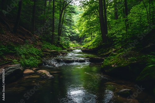 Tranquil Stream Flowing Through Lush Green Forest