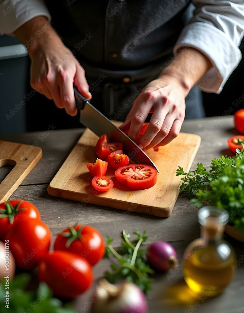 A top-down view of a professional chef's hands as they chop fresh vegetables on a wooden cutting board. The kitchen counter is filled with colorful ingredients like tomatoes, onions, herbs, A top-down view of a professional chef's hands as they chop fresh vegetables on a wooden cutting board. The kitchen counter is filled with colorful ingredients like tomatoes, onions, herbs,