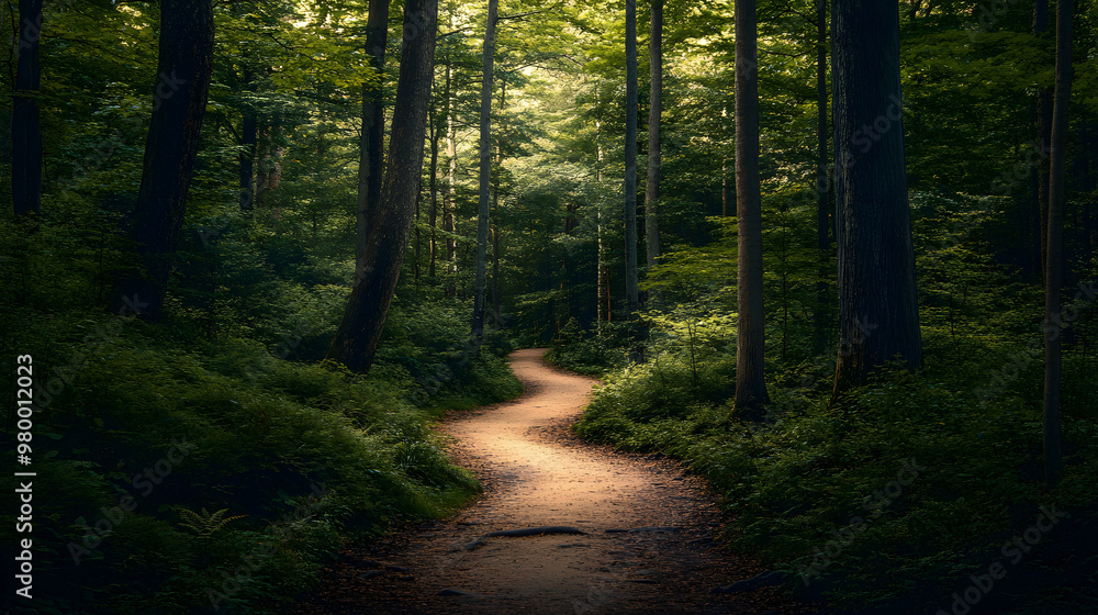 Obraz premium A small path leading through a quiet forest.