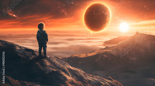 A child standing on the edge of a distant planet watching a binary star system rise on the horizon.