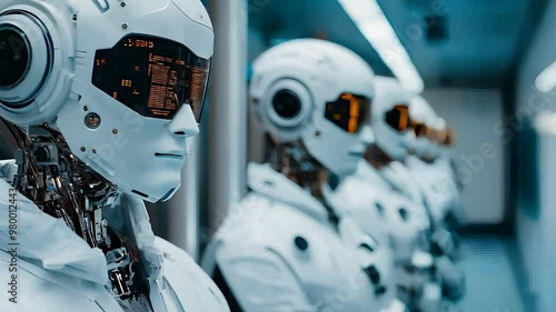 Futuristic humanoid robots in line advanced technology artificial intelligence cyber workforce sci-fi robotics innovation photo