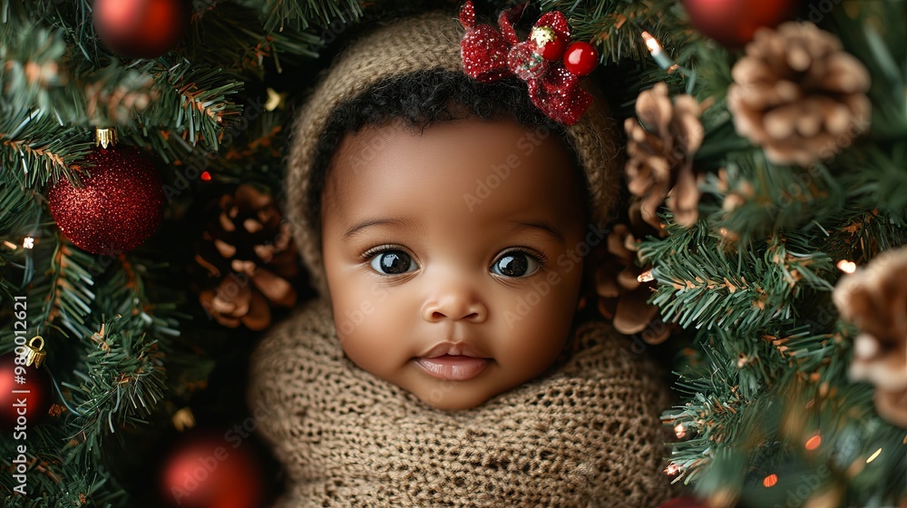 A beautiful little baby with black skin sits against a festive Christmas backdrop, surrounded by twinkling lights, decorated trees, and holiday ornaments, capturing the warmth and joy of the season. A beautiful little baby with black skin sits against a festive Christmas backdrop, surrounded by twinkling lights, decorated trees, and holiday ornaments, capturing the warmth and joy of the season.