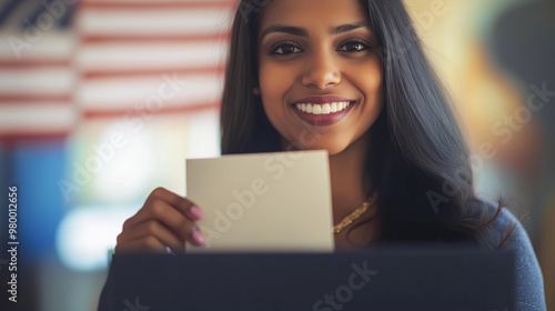 Smiling young South Asian woman holding a voting card, symbolizing empowerment and pride in participating in the election process. Perfect for Election Day themes