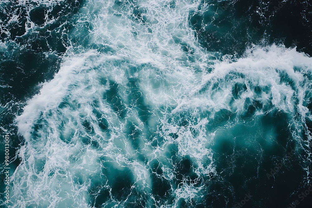 Fototapeta premium Aerial view of ocean waves crashing with white foam, blue and green water texture background