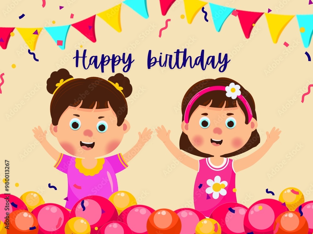 Happy birthday greeting card with garland , balloons,gift and lettering design. Happy birthday greeting card with garland , balloons,gift and lettering design.