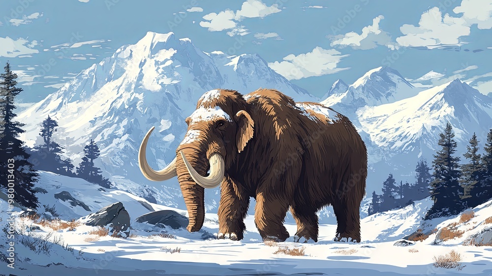 Cartoon mammoth against the background of snowy mountains Cartoon mammoth against the background of snowy mountains