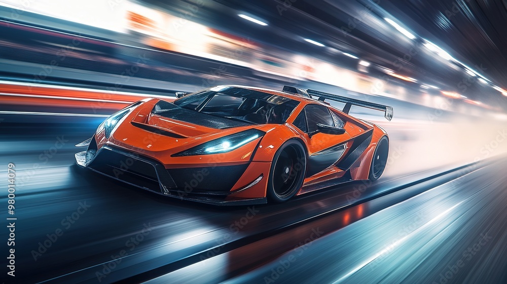 Naklejka premium A sports car with an aggressive stance and aerodynamic design in a high-speed setting