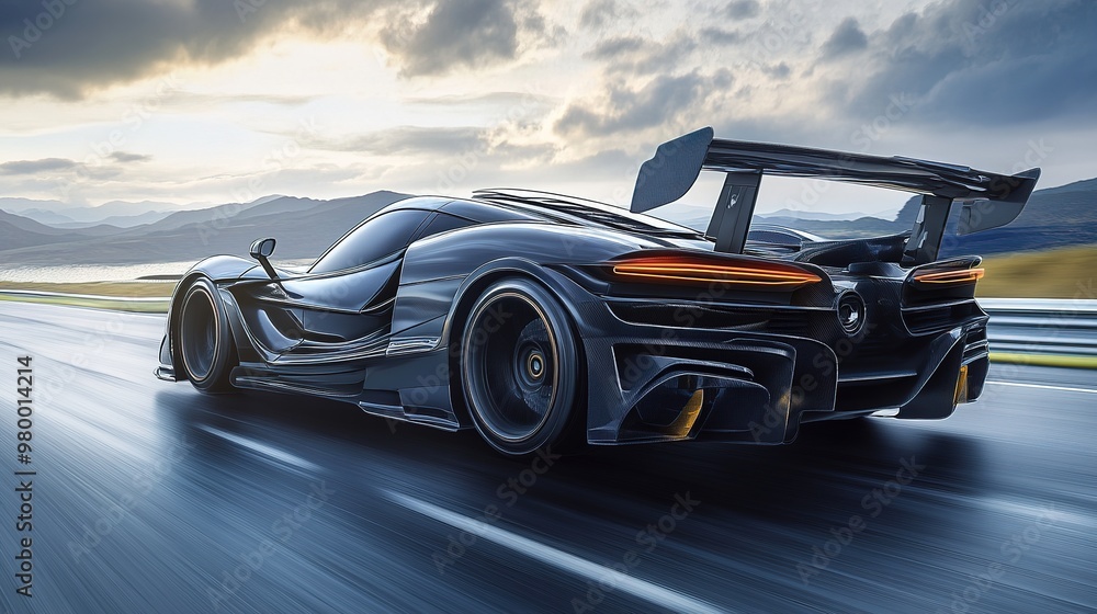 Naklejka premium A sports car with an aggressive stance and aerodynamic design in a high-speed setting