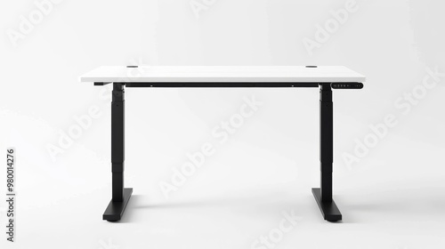 adjustable height standing desk with a sleek white laminate surface and black metal legs