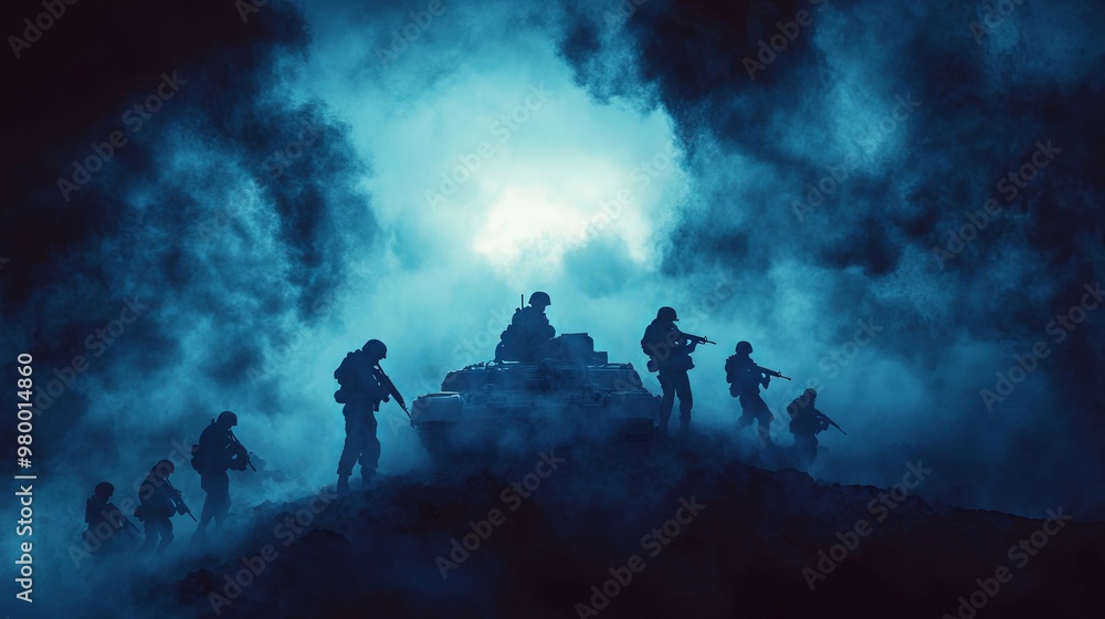 War concept with military silhouettes in combat, set against a foggy sky. Soldiers and armored vehicles, including tanks, engage in battle beneath a cloudy night skyline, creating an intense attack s War concept with military silhouettes in combat, set against a foggy sky. Soldiers and armored vehicles, including tanks, engage in battle beneath a cloudy night skyline, creating an intense attack s