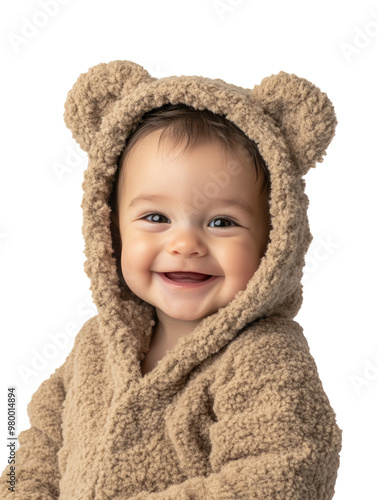 Smiling baby in a fluffy teddy bear suit, isolated on a white background. PNG transparent.