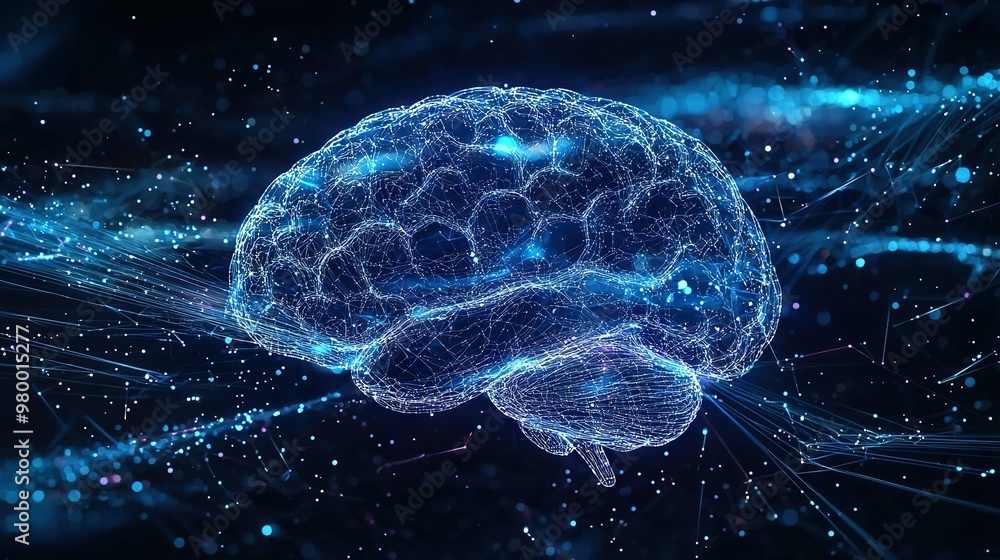 A brain in the center, networked by lines and dots on a computer-generated image A brain in the center, networked by lines and dots on a computer-generated image