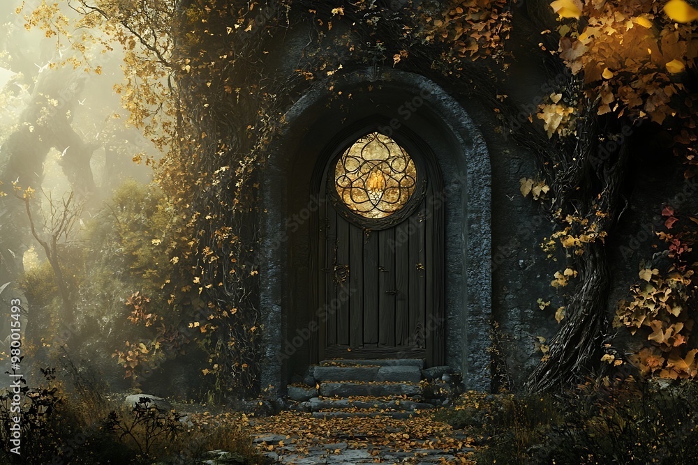 Enchanted forest door with circular stained glass window, mystery and fairytale atmosphere, fantasy art Enchanted forest door with circular stained glass window, mystery and fairytale atmosphere, fantasy art