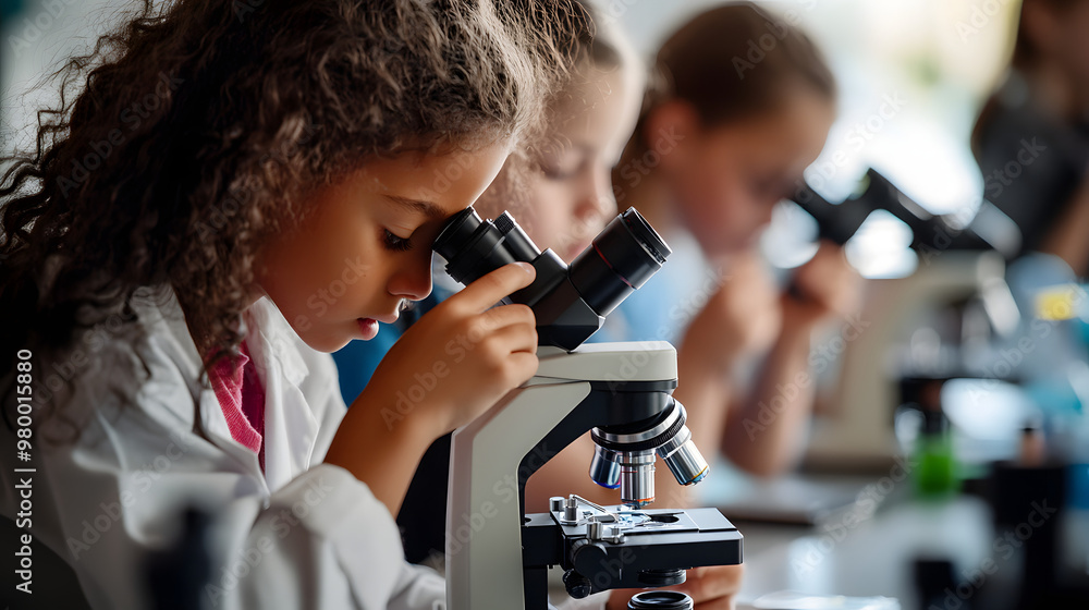 A group of children using microscopes during a biology lesson. A group of children using microscopes during a biology lesson.